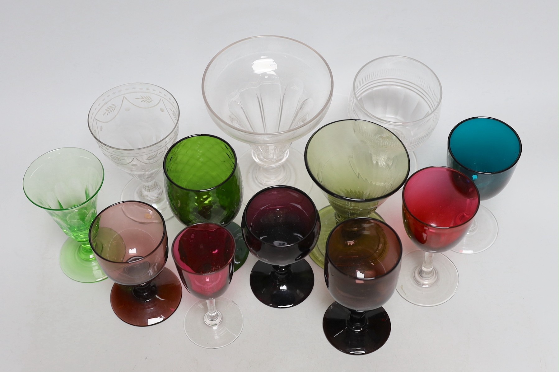 A group of 19th century coloured drinking glasses, and three glass rummers (12). Tallest 15cm